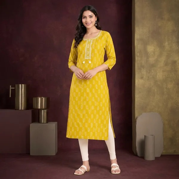 Yellow_Cotton_Leaf_Printed_Straight_Kurta_For_Women