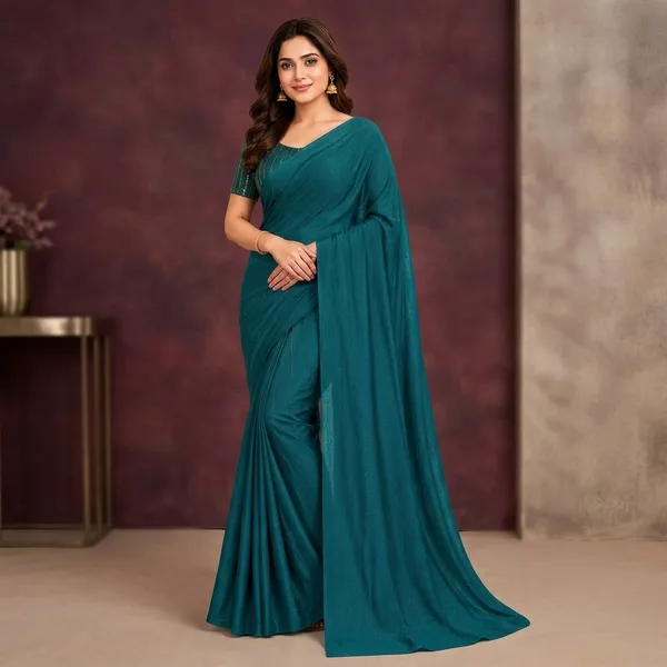 Teal_Blue_Crepe_Silk_Plain_Sequin_Blouse_Saree_For_Women