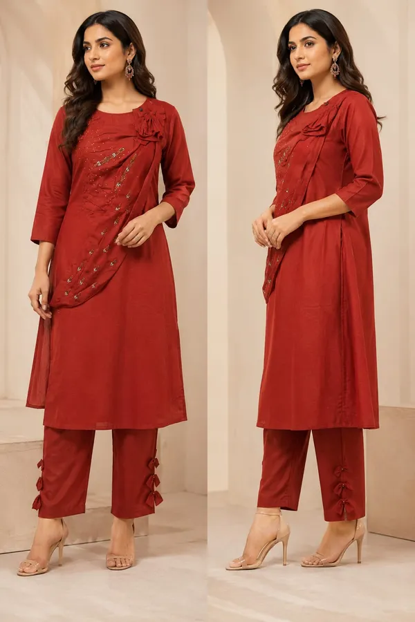 Rust_Red_Silk_Straight_Sequin_Embroidered_Kurta_For_Women