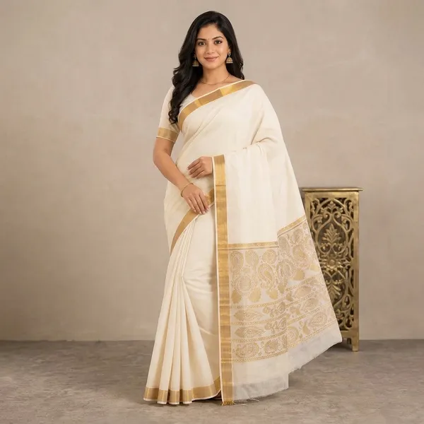 Off_White_Cotton_Golden_Zari_Border_Kerala_Saree_For_Women