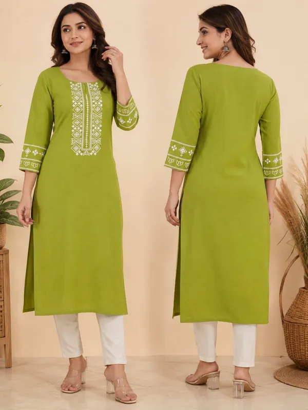 Green_Khadi_Cotton_Straight_Fit_Embroidered_Kurta_For_Women
