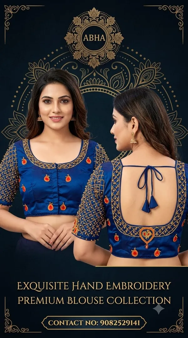 Blue_Silk_Hand_Embroidered_Round_Neck_Saree_Blouse_For_Women