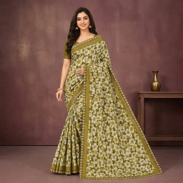 Olive_Green_Silk_Floral_Print_Embroidered_Border_Saree_For_Women