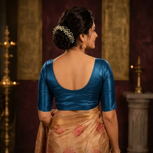 Blue_Silk_Round_Neck_Elbow_Sleeve_Saree_Blouse_For_Women