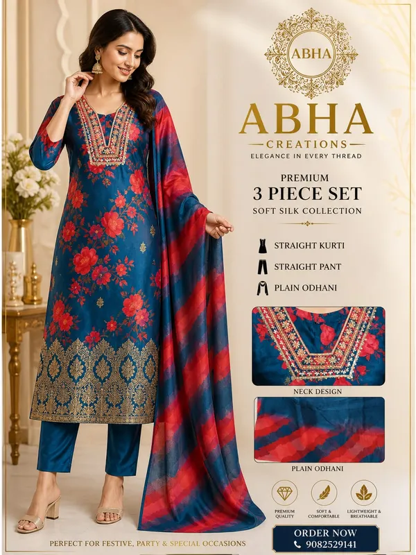 Blue_Silk_Floral_Print_Straight_Kurti_Pant_Odhani_Set_For_Women