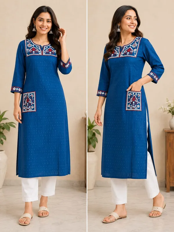 Blue_Cotton_Straight_Floral_Embroidered_Kurta_For_Women