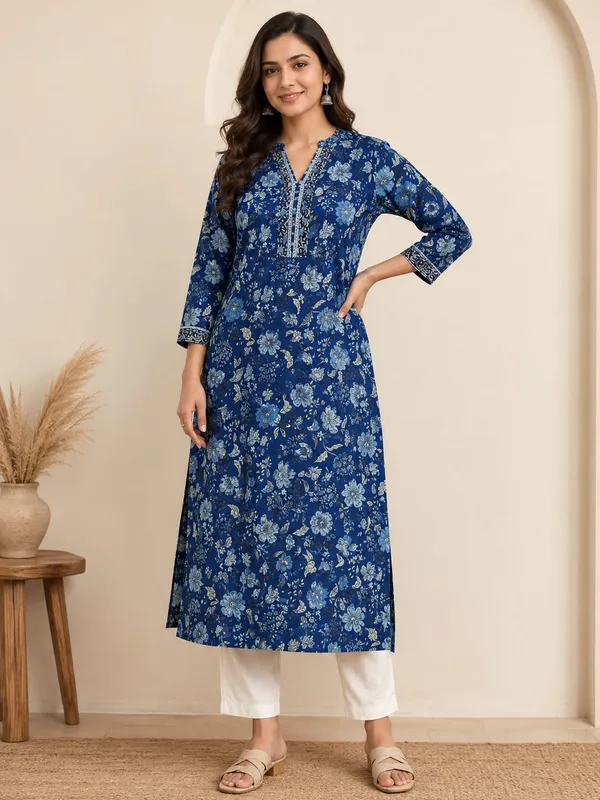 Blue_Cotton_Straight_Floral_Print_Embroidered_Kurta_For_Women