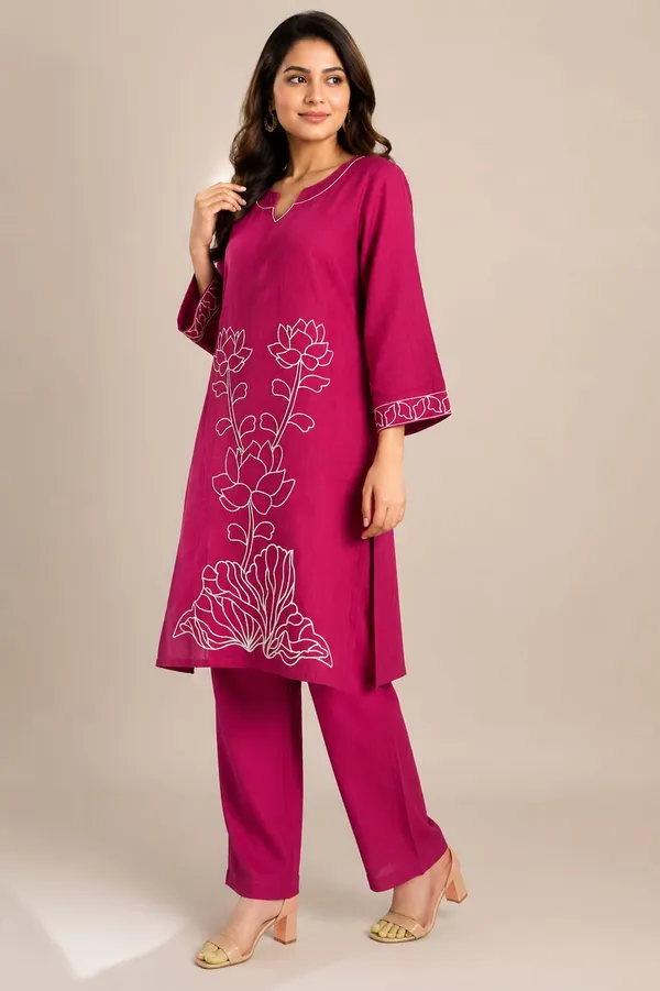 Magenta_Cotton_Floral_Embroidered_Straight_Kurta_Set_For_Women