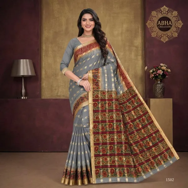 Grey_Silk_Woven_Golden_Zari_Check_Floral_Border_Saree_For_Women