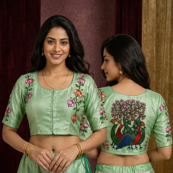 Green_Satin_Embroidered_Peacock_Motif_Blouse_For_Women