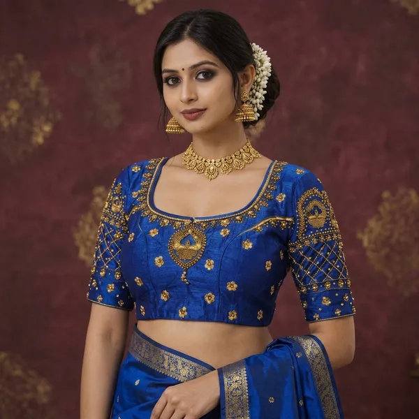 Blue_Silk_Zari_Embroidered_Elbow_Sleeve_Blouse_For_Women