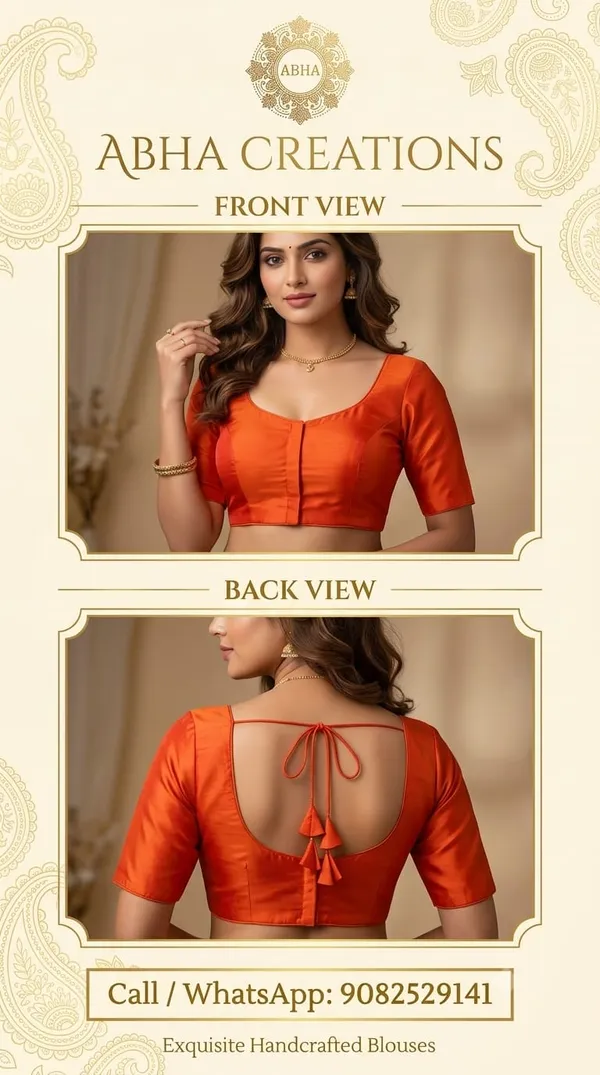 Orange_Satin_Deep_Neck_Tasseled_Saree_Blouse_For_Women