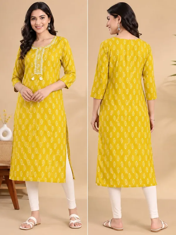 Yellow_Cotton_Leaf_Printed_Straight_Kurta_For_Women