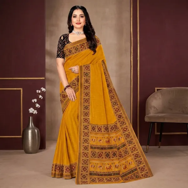Yellow_Linen_Cotton_Printed_Border_Saree_For_Women