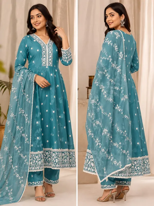 Teal_Georgette_Flared_Anarkali_Kurta_Set_With_Dupatta_For_Women