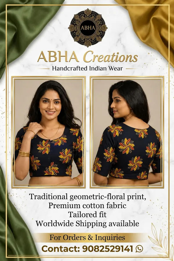 Navy_Cotton_Floral_Print_Tailored_Fit_Saree_Blouse_For_Women