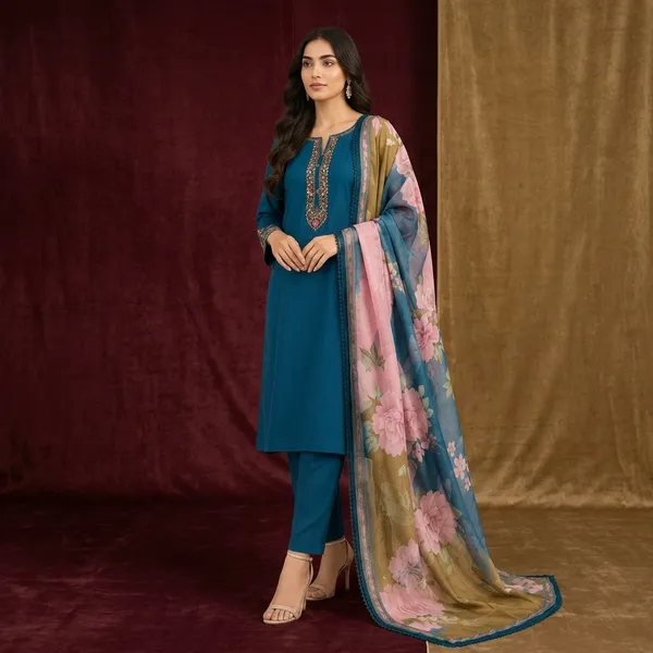 Teal_Silk_Embroidered_Straight_Kurta_Trouser_Dupatta_Set_For_Women