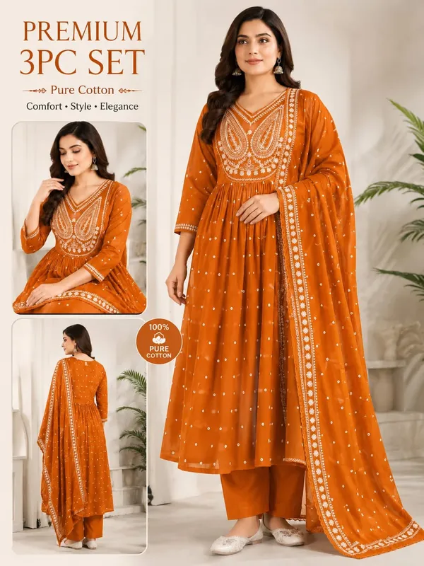 Orange_Cotton_Embroidered_Anarkali_Kurta_Set_For_Women