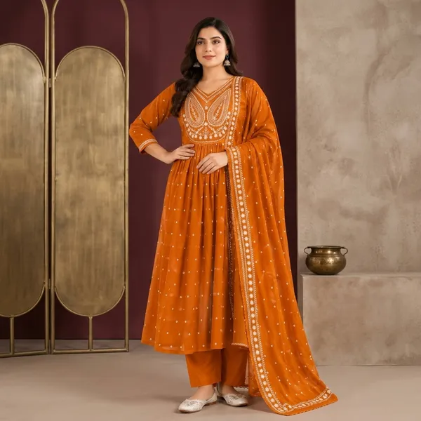 Orange_Cotton_Embroidered_Anarkali_Kurta_Set_For_Women