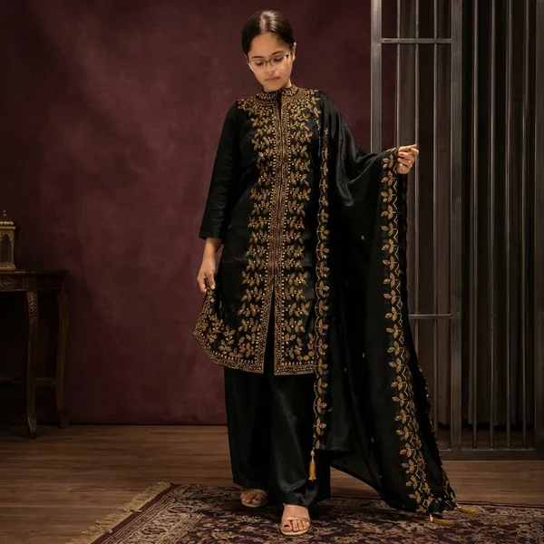 Black_Silk_Embroidered_Straight_Kurta_Palazzo_Dupatta_Set_For_Women