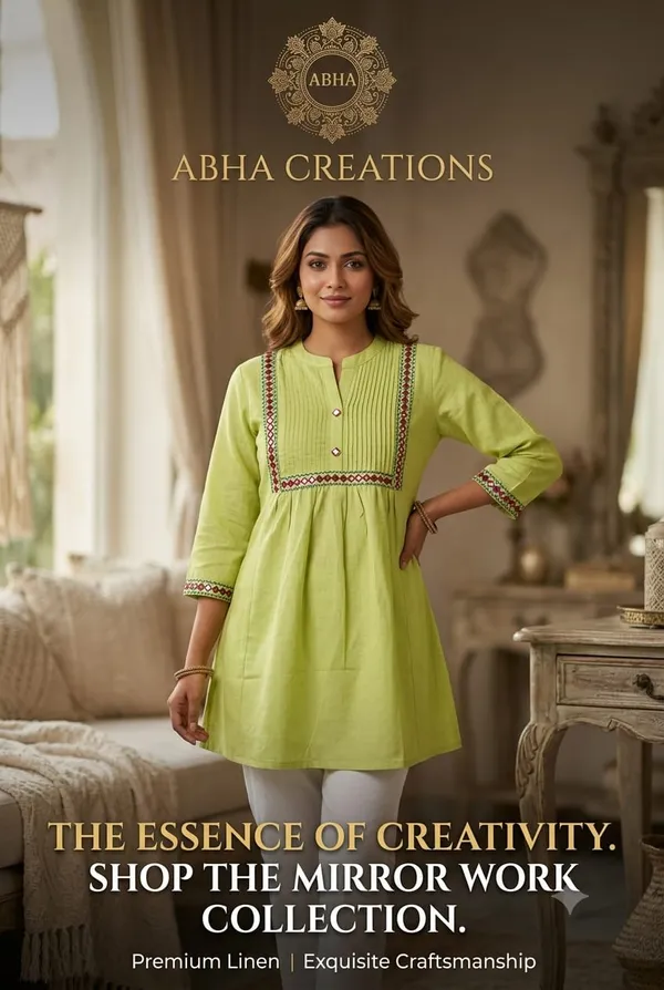 Green_Linen_Mirror_Work_Embroidered_Short_Kurti_For_Women