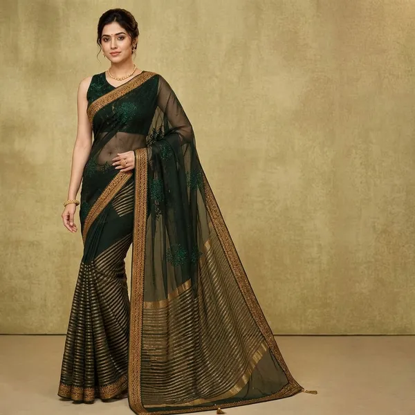 Green_Georgette_Embroidered_Zari_Border_Saree_For_Women