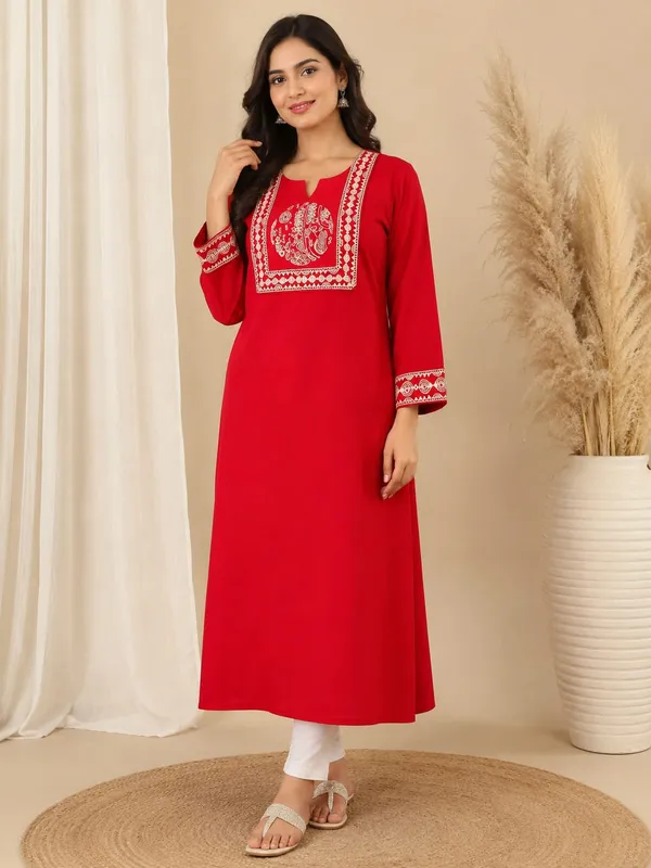 Red_Khadi_Cotton_Straight_Embroidered_Kurta_For_Women