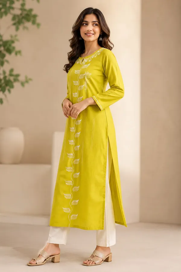 Lime_Green_Silk_Straight_Embroidered_Kurta_For_Women