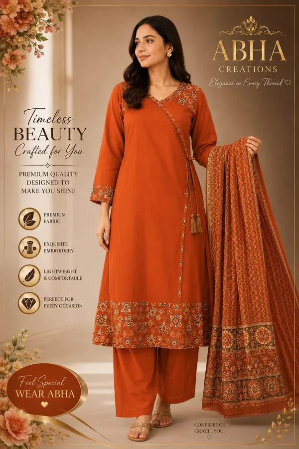 Rust_Orange_Cotton_Embroidered_Angrakha_Kurta_Palazzo_Set_For_Women