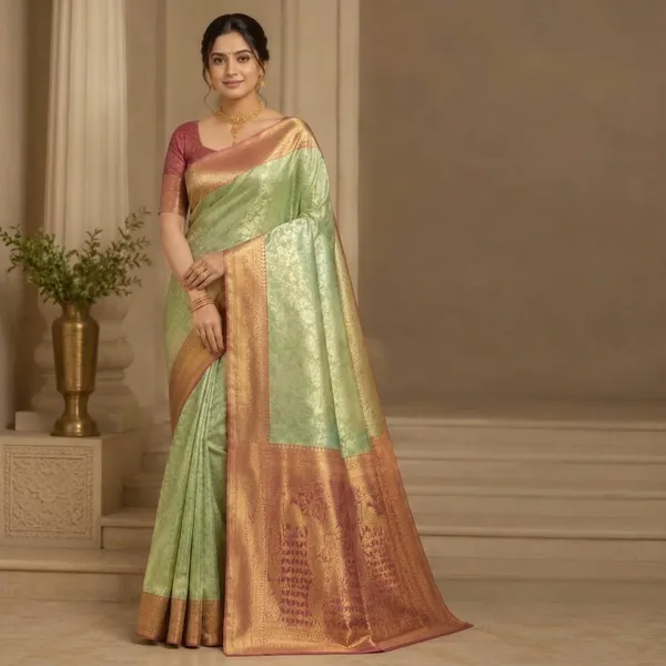 Green_Semi_Kanjivaram_Silk_Woven_Zari_Border_Saree_For_Women