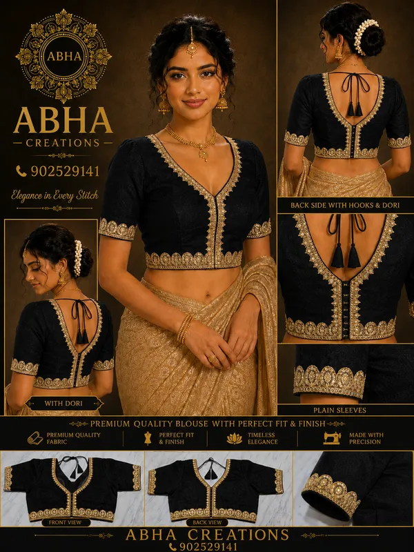 Black_Silk_Gold_Embroidered_V_Neck_Fitted_Blouse_For_Women