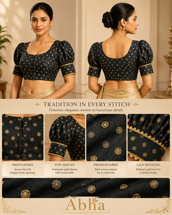 Black_Silk_Gold_Motif_Puff_Sleeve_Blouse_For_Women