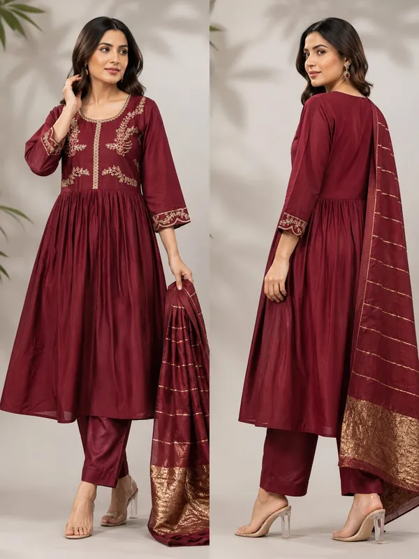 Maroon_Cotton_Blend_Embroidered_Anarkali_Kurta_Pant_Set_With_Dupatta_For_Women