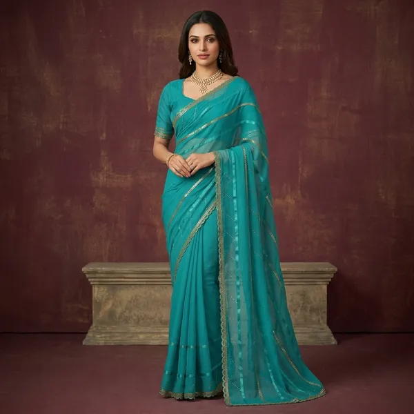 Teal_Soft_Organza_Sequin_Scallop_Border_Saree_For_Women