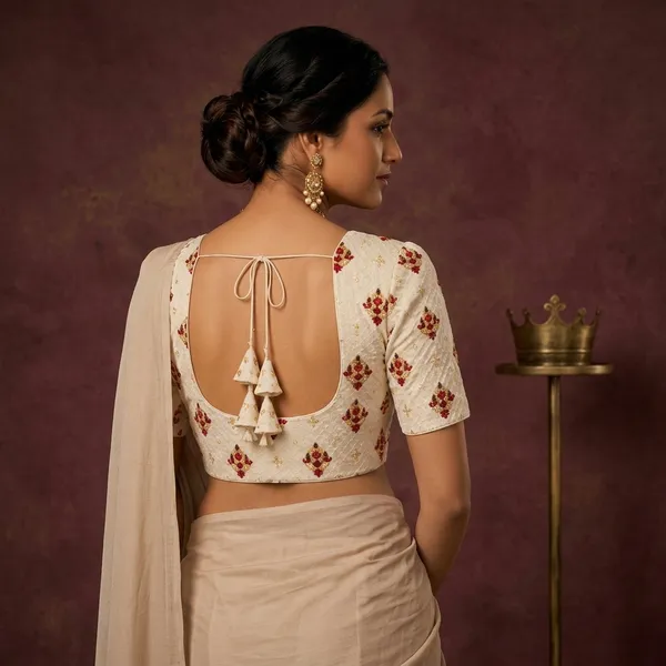 White_Silk_Floral_Embroidered_Fitted_Saree_Blouse_For_Women