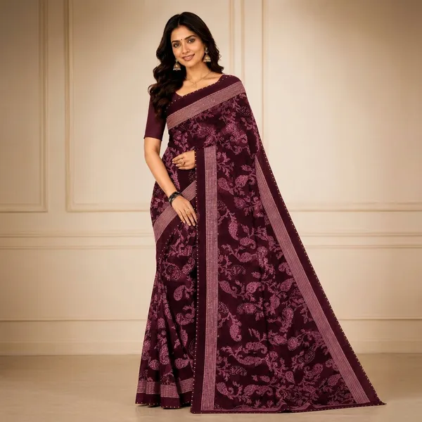 Wine_Silk_Floral_Paisley_Print_Border_Saree_For_Women