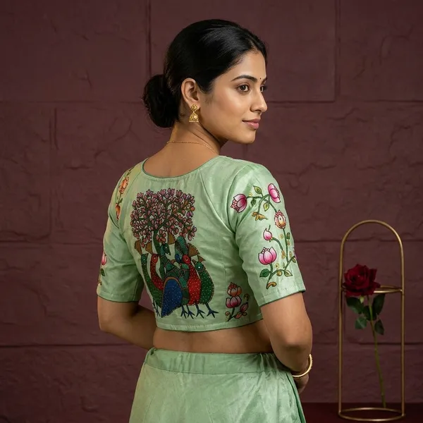 Green_Satin_Embroidered_Short_Sleeve_Saree_Blouse_For_Women