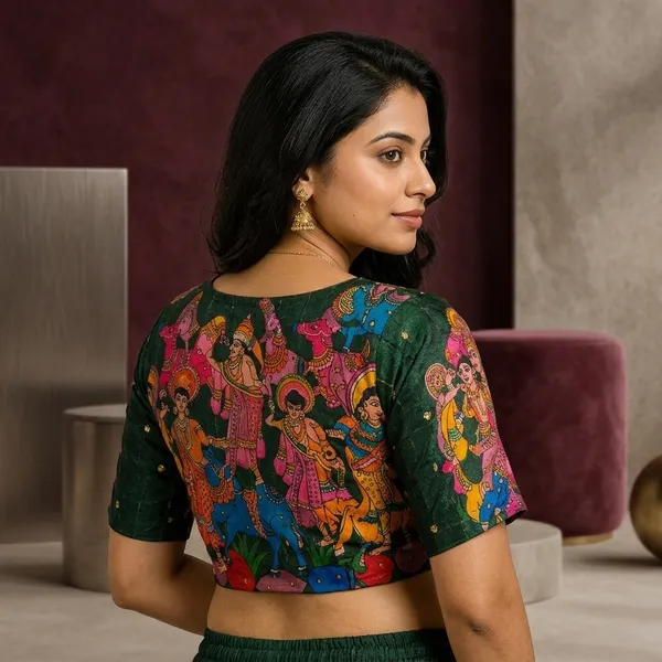 Green_Silk_Digital_Print_Short_Sleeve_Blouse_For_Women