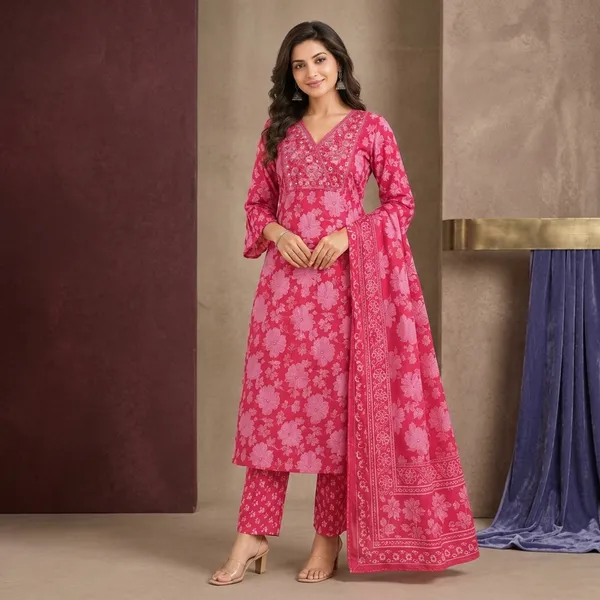 Pink_Cotton_Floral_Print_Embroidered_Kurti_Set_For_Women