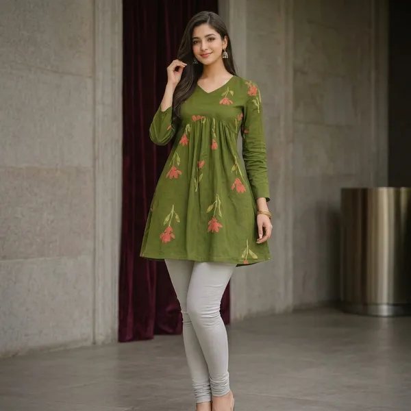 Green_Cotton_Floral_Print_Gathered_Kurti_For_Women