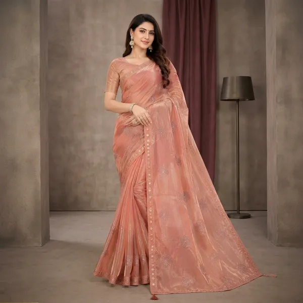 Peach_Tissue_Organza_Floral_Embroidered_Zari_Border_Saree_For_Women