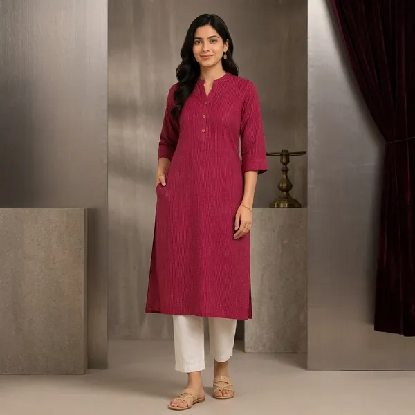 Maroon_Cotton_Straight_Fit_Striped_Kurta_For_Women