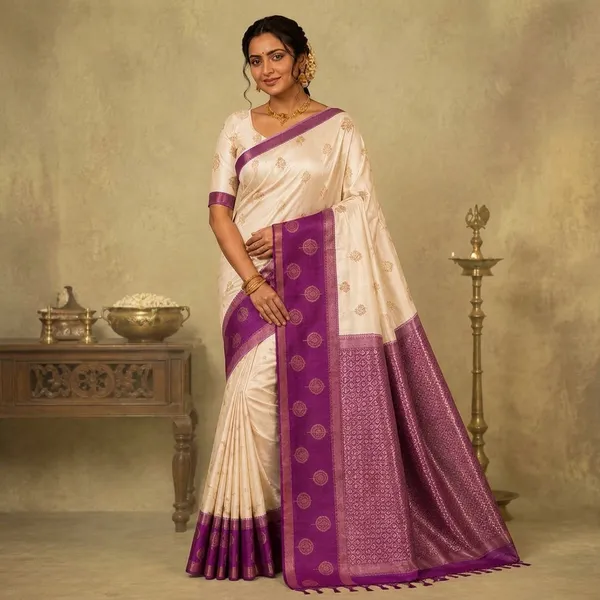 Cream_Silk_Woven_Zari_Motif_Purple_Border_Saree_For_Women