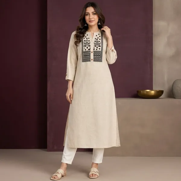 Beige_Khadi_Cotton_Straight_Embroidered_Kurta_For_Women
