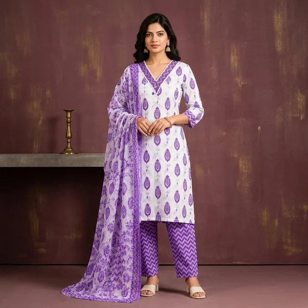 White_Purple_Cotton_Straight_Kurti_Pant_Dupatta_Set_For_Women