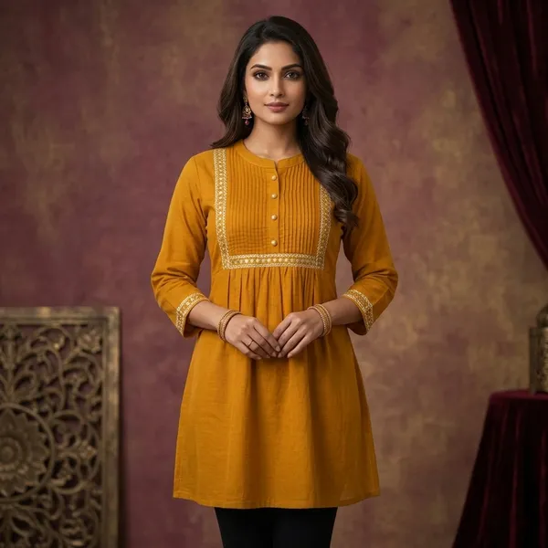 Mustard_Khadi_Cotton_A_Line_Lace_Trim_Short_Kurti_For_Women