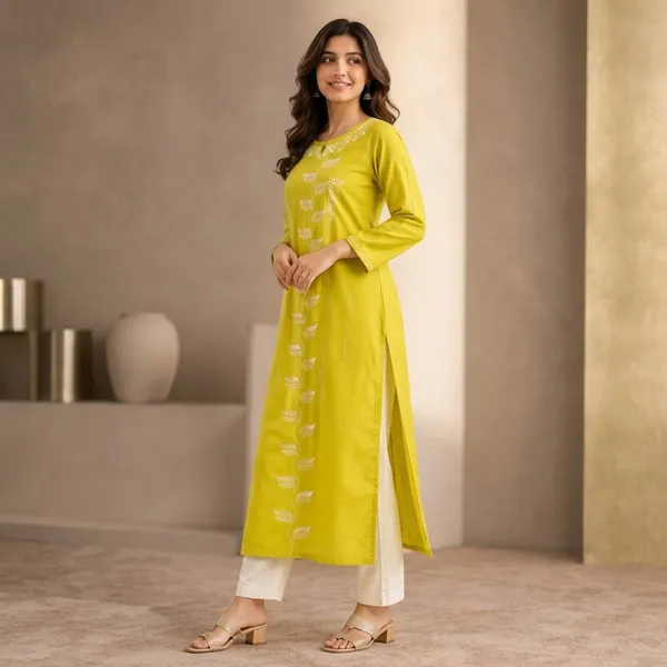 Lime_Green_Silk_Straight_Embroidered_Kurta_For_Women