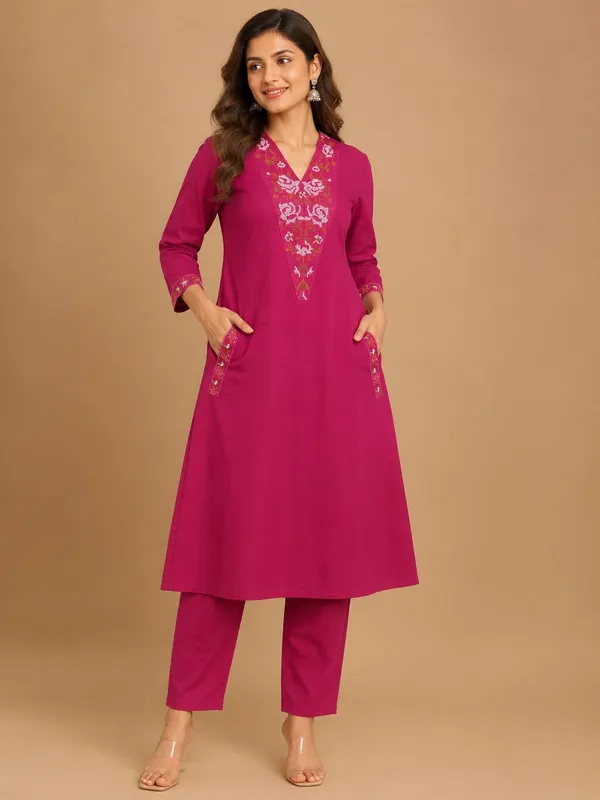 Pink_Cotton_A_Line_Floral_Embroidered_Kurta_Pant_Set_For_Women