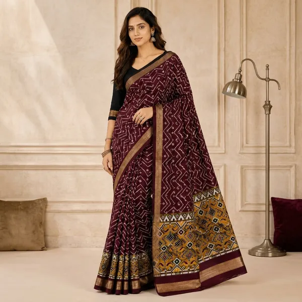 Maroon_Silk_Bandhani_Print_Patola_Border_Saree_For_Women