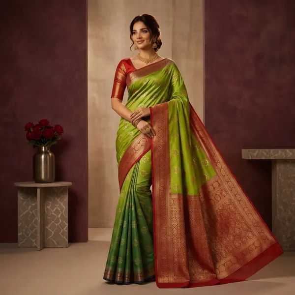 Green_Silk_Zari_Woven_Saree_With_Red_Blouse_For_Women